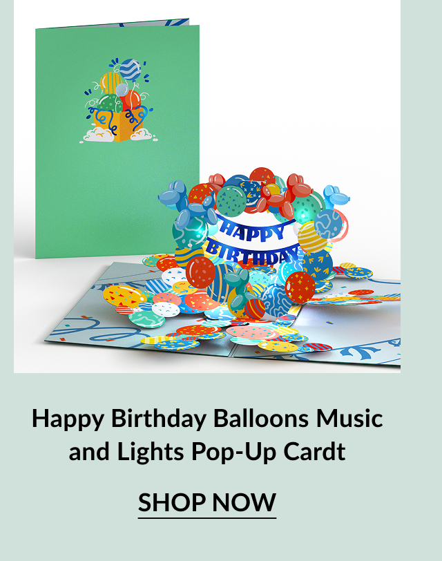 Happy Birthday Balloons Music and Lights Pop-Up Card with colorful balloons and Happy Birthday banner