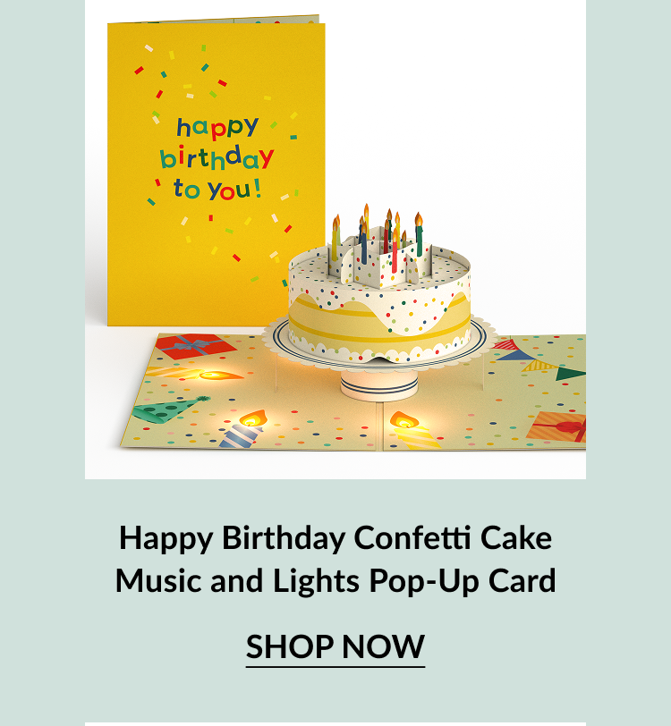 Happy Birthday Confetti Cake Music and Lights Pop-Up Card with glowing candles and layered cake