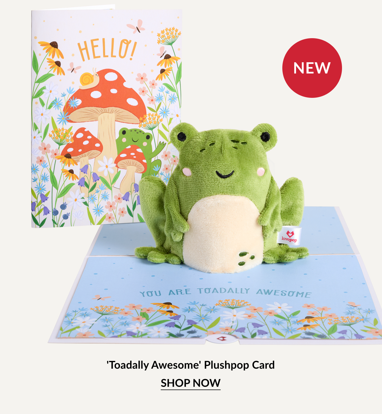 Toadally Awesome Plushpop Card with green frog plush and Hello mushroom card