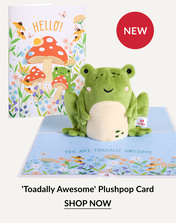Toadally Awesome Plushpop Card with green frog plush and Hello mushroom card