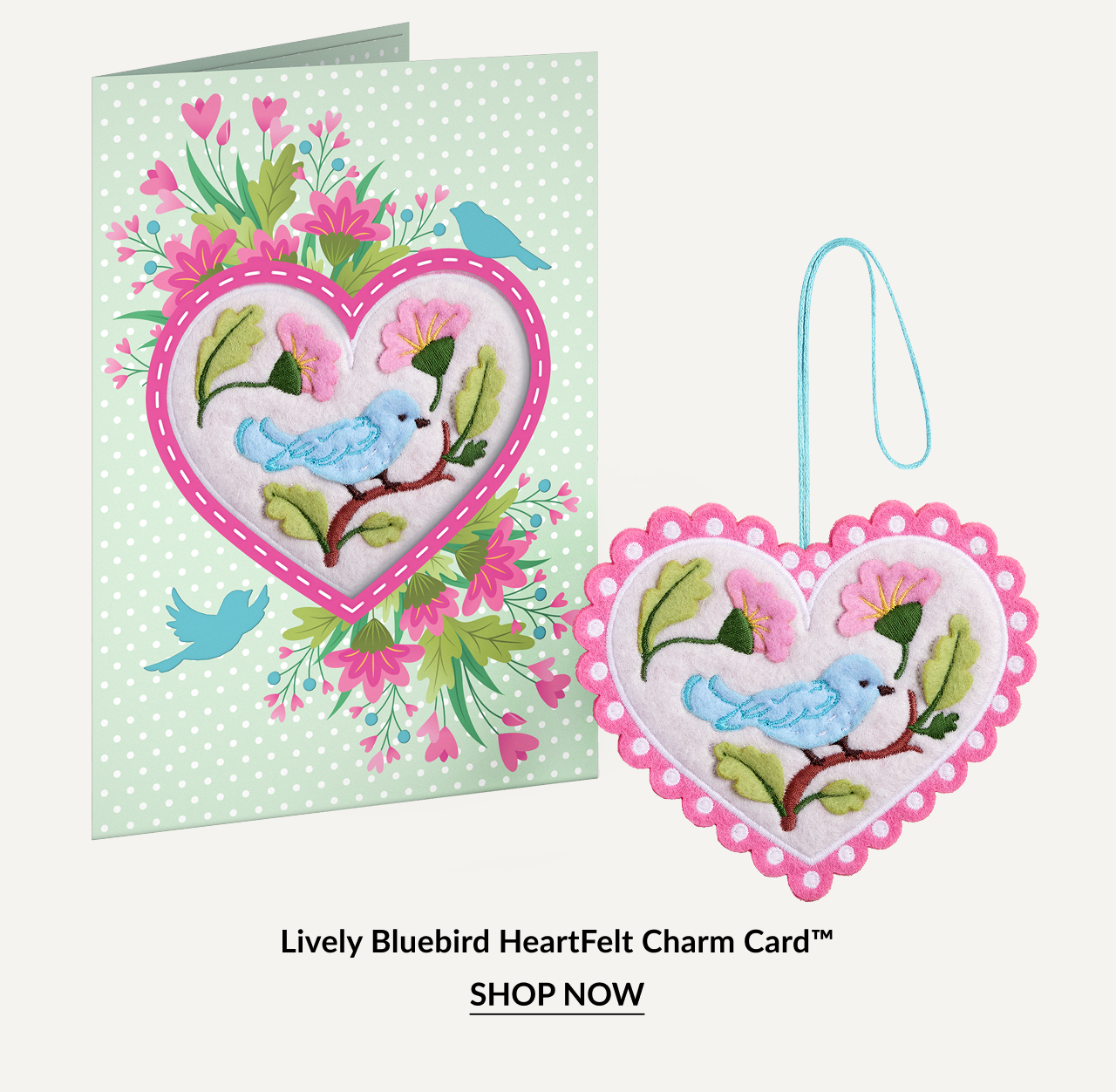 Lively Bluebird HeartFelt Charm Card with embroidered bluebird heart ornament