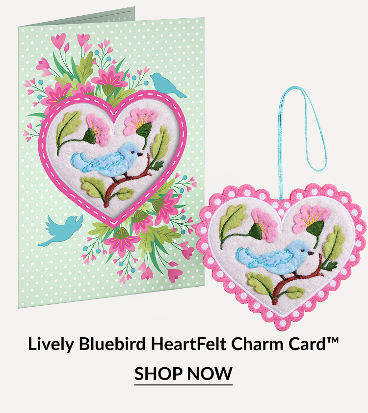 Lively Bluebird HeartFelt Charm Card with embroidered bluebird heart ornament