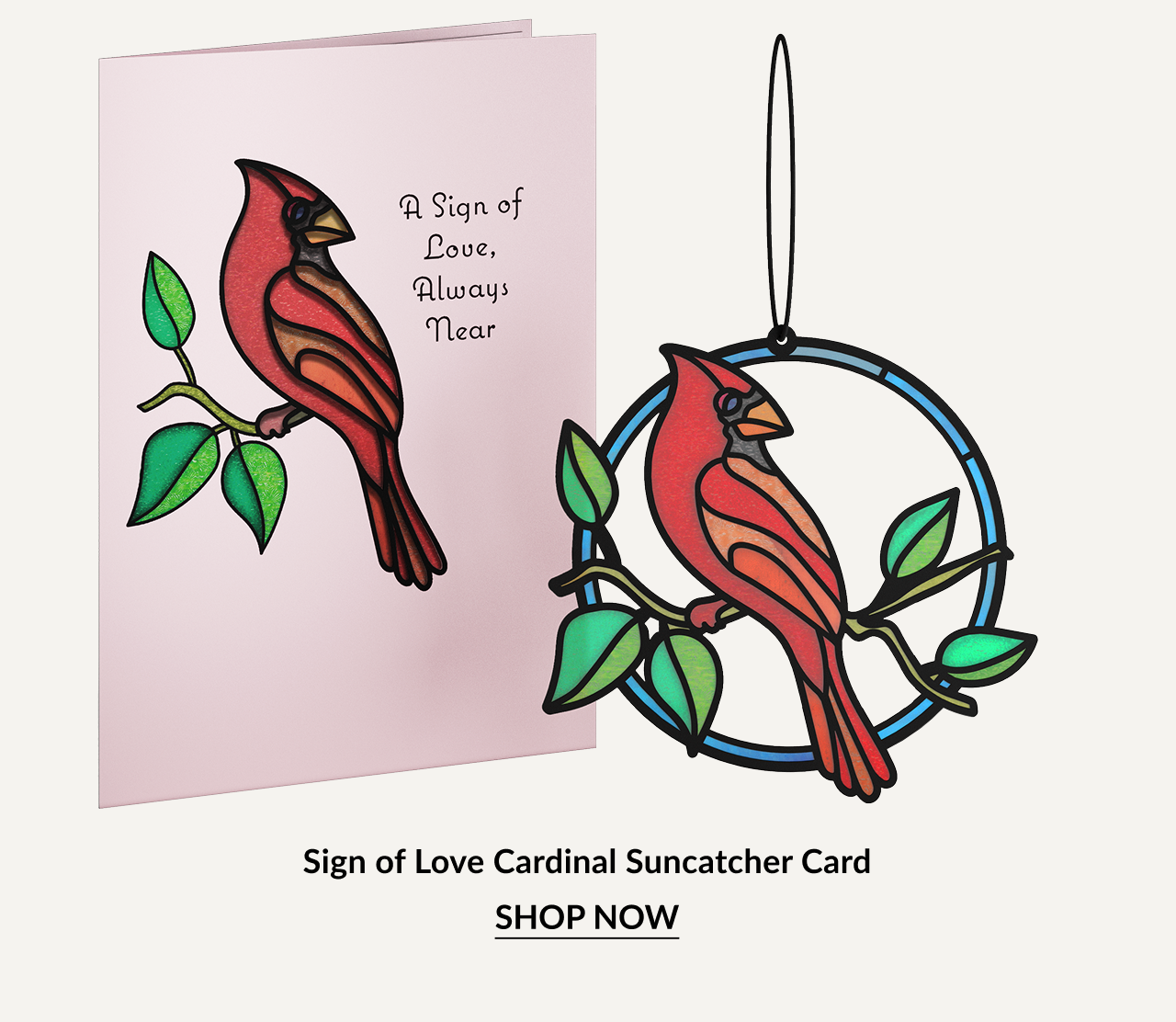 Sign of Love Cardinal Suncatcher Card with red cardinal on branch design