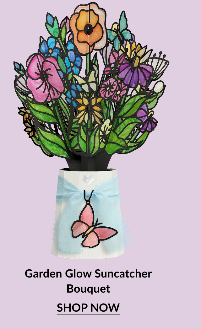 Garden Glow Suncatcher Bouquet with stained-glass style flowers and butterfly charm