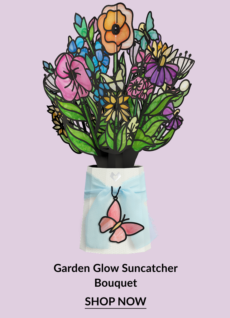 Garden Glow Suncatcher Bouquet with stained-glass style flowers and butterfly charm