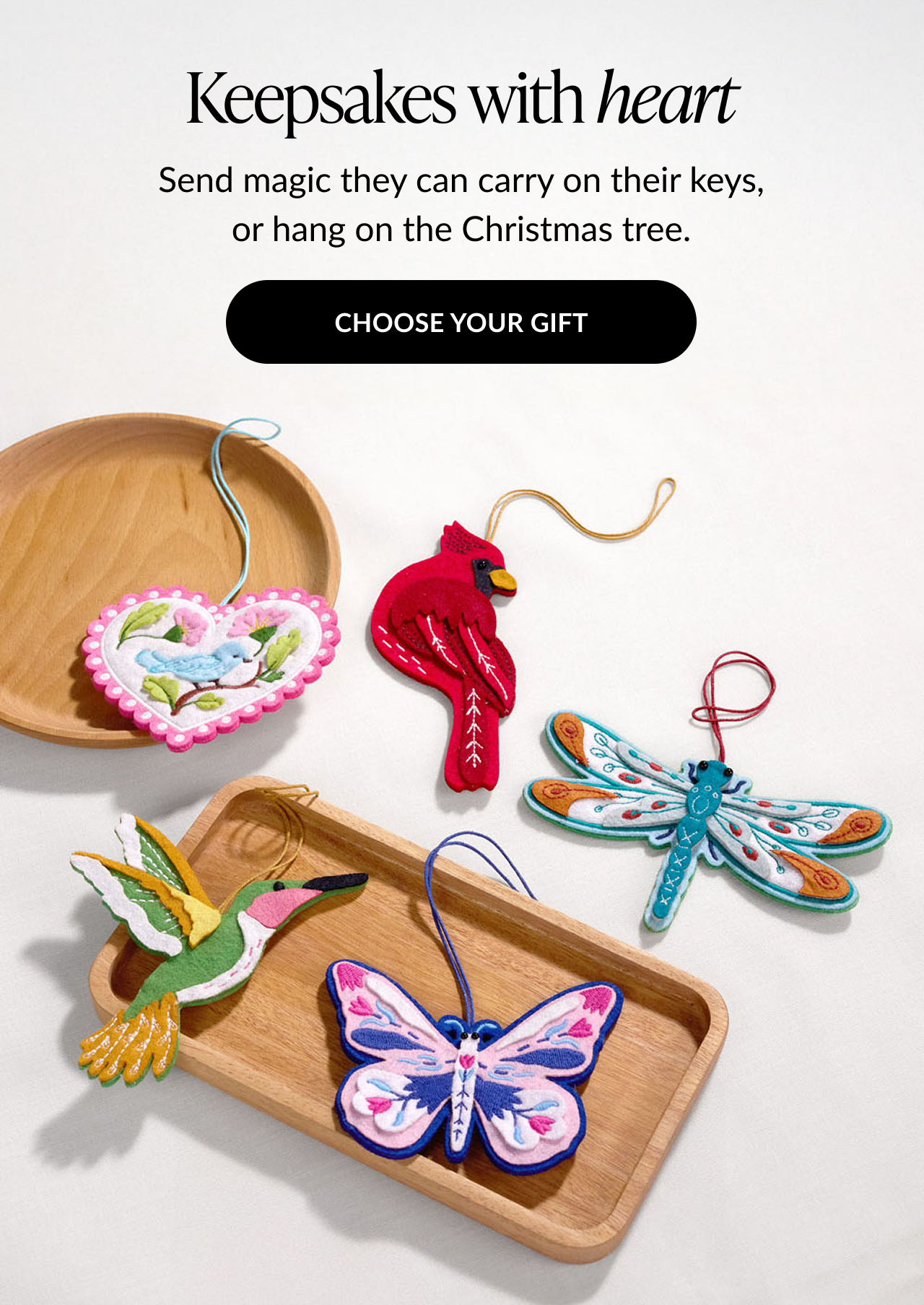 Keepsakes with heart, embroidered felt charms including heart, cardinal, dragonfly, hummingbird, and butterfly, button Choose Your Gift