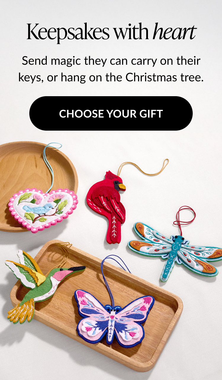 Keepsakes with heart, embroidered felt charms including heart, cardinal, dragonfly, hummingbird, and butterfly, button Choose Your Gift