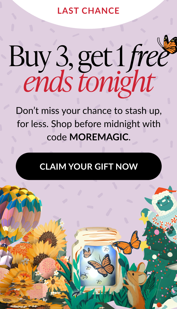 Buy 3 get 1 free ends tonight, last chance promotion with butterflies, sunflowers, hot air balloon, Christmas tree, mouse, and jar illustration, button Claim Your Gift Now