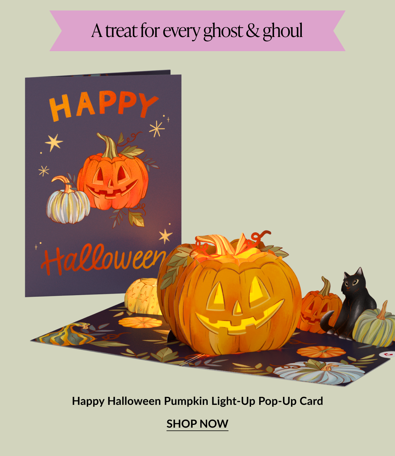 Happy Halloween Pumpkin Light-Up pop-up card with jack-o’-lanterns and black cat