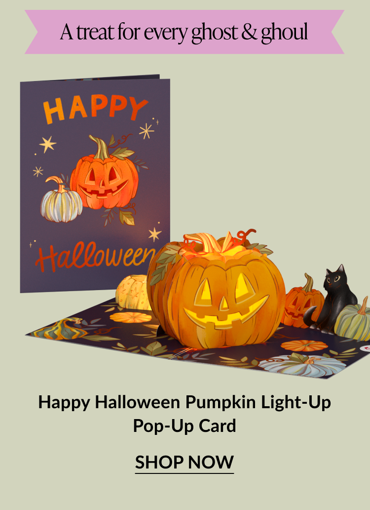 Happy Halloween Pumpkin Light-Up pop-up card with jack-o’-lanterns and black cat