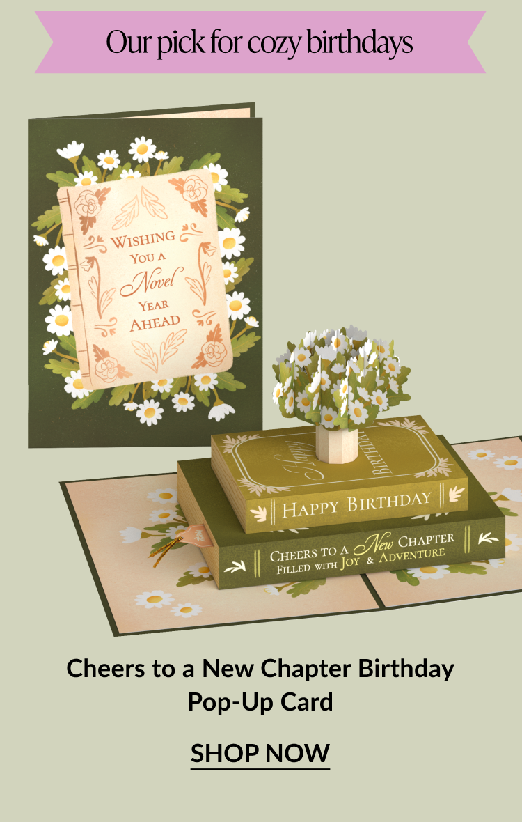 Cheers to a New Chapter Birthday pop-up card with stacked books and daisies