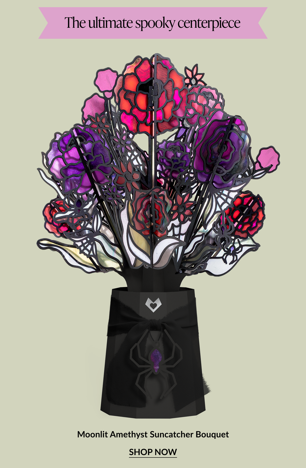Moonlit Amethyst Suncatcher Bouquet with stained-glass style spooky flowers