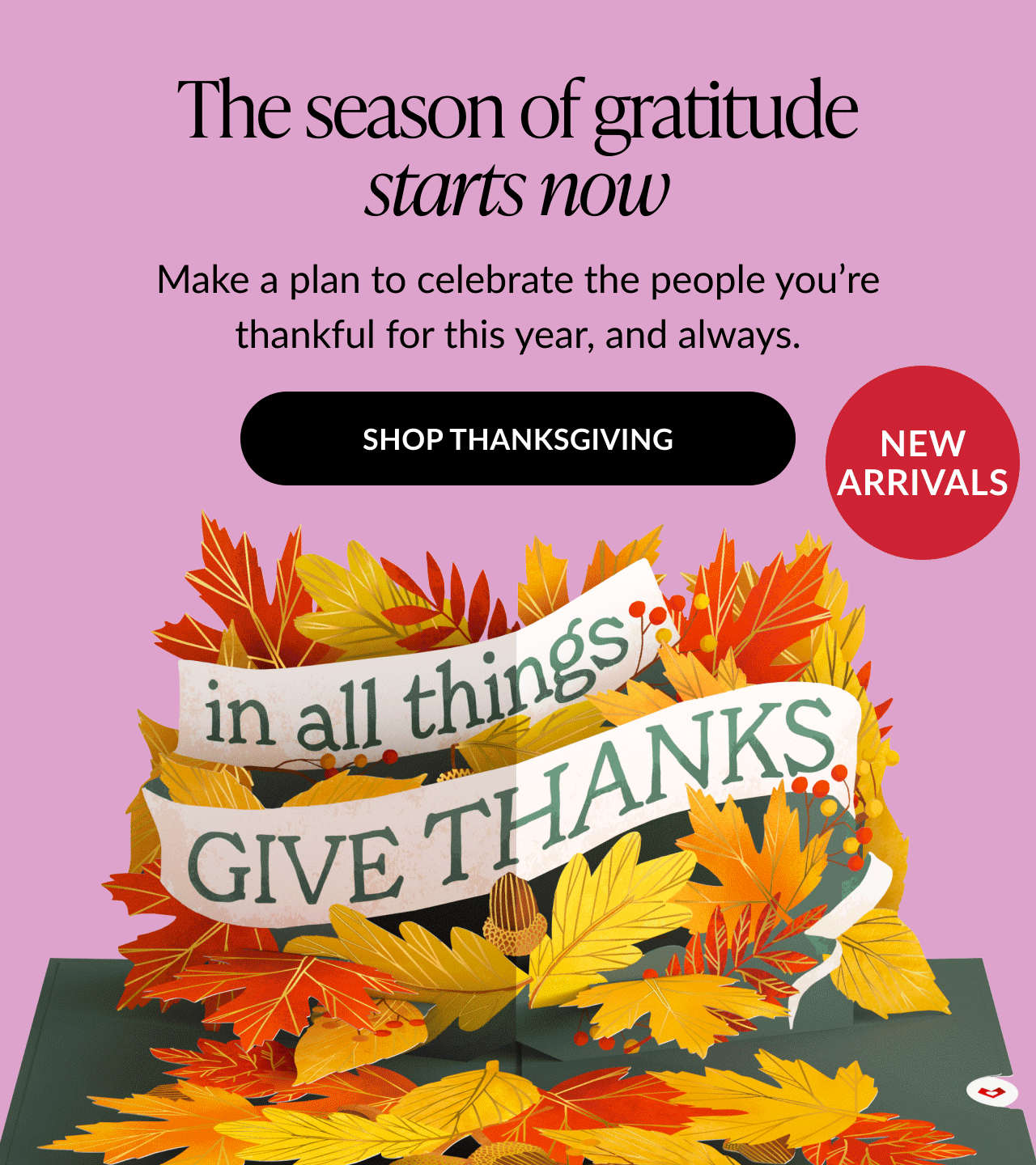 Thanksgiving pop-up card with autumn leaves and banner reading “In all things give thanks”