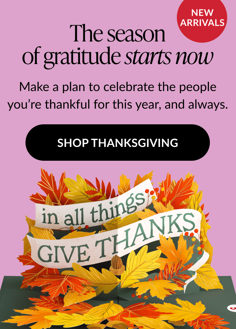 Thanksgiving pop-up card with autumn leaves and banner reading “In all things give thanks”