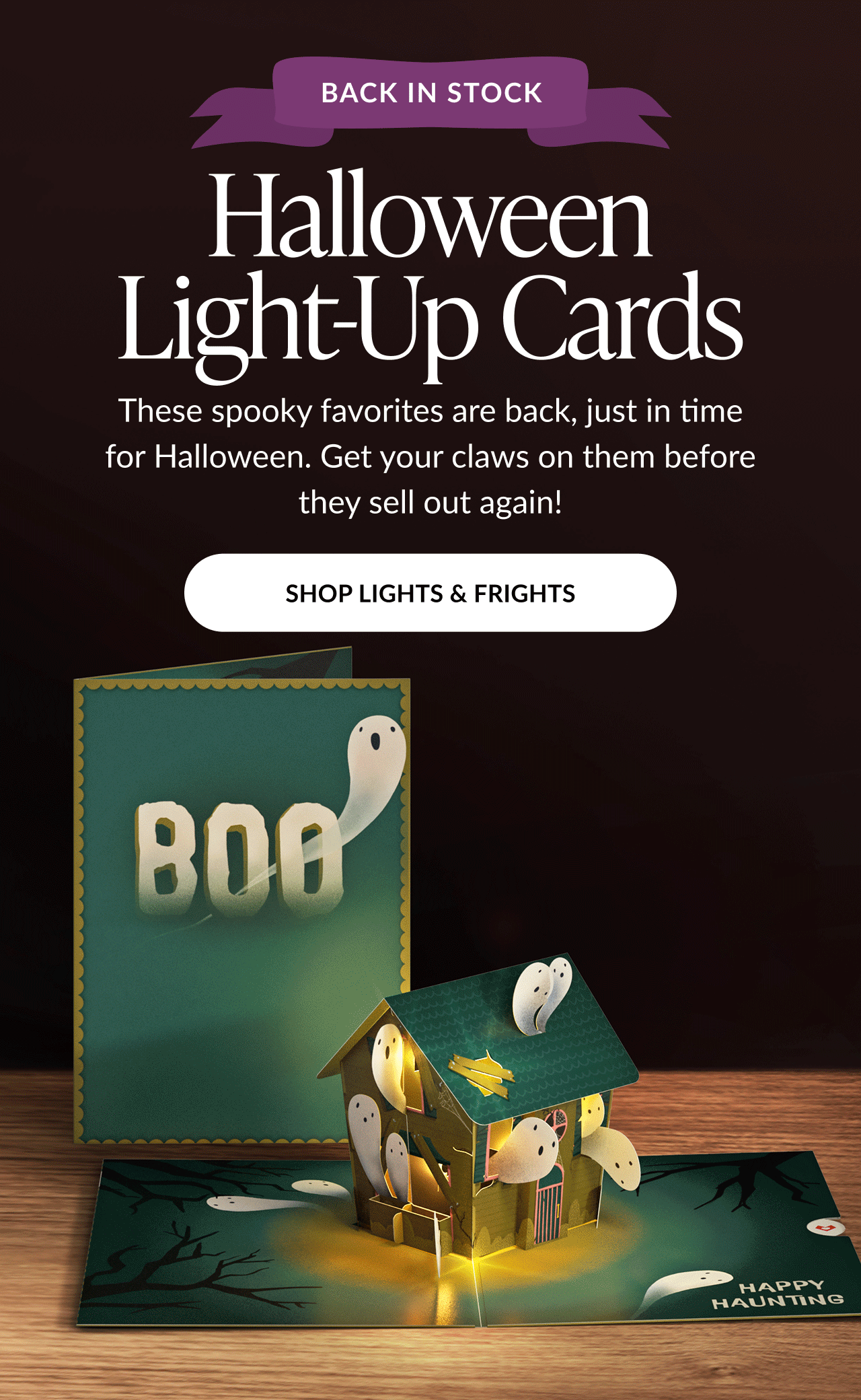 Halloween Light-Up Cards header with haunted house and BOO card