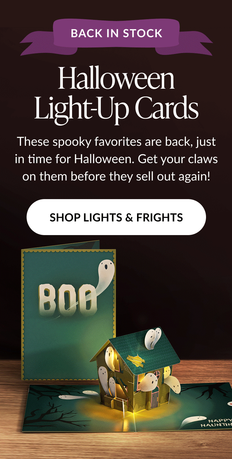 Halloween Light-Up Cards header with haunted house and BOO card