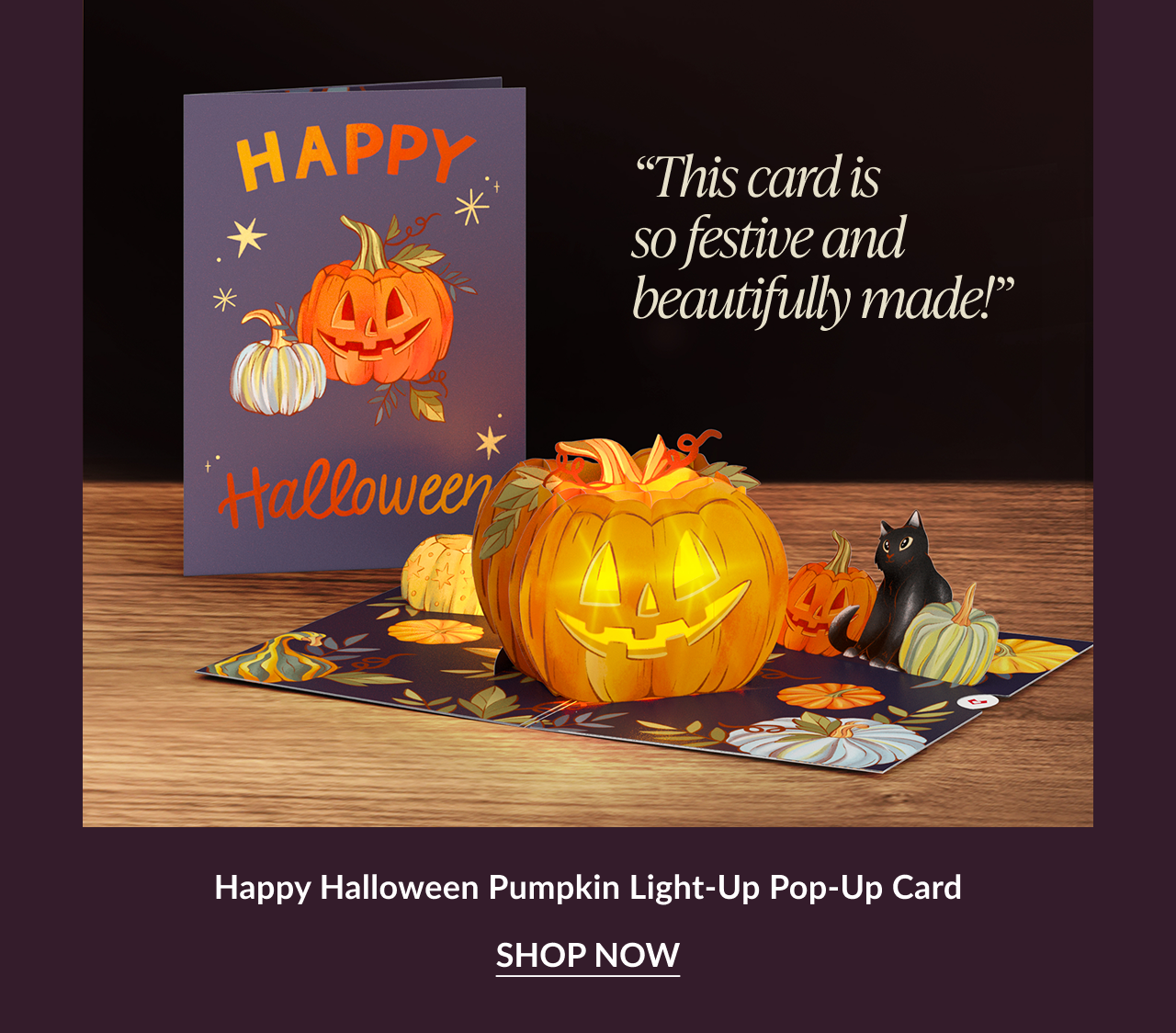 Happy Halloween pumpkin light-up pop-up card with cat