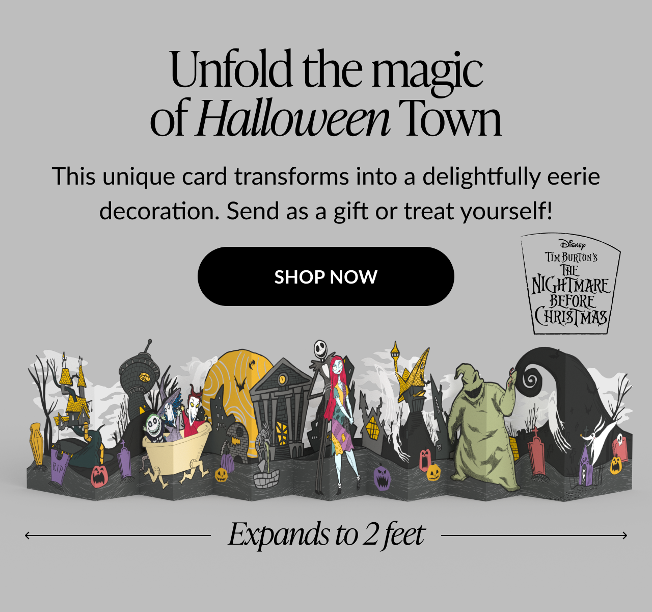 Nightmare Before Christmas Halloween Town pop-up card expands to 2 feet with characters and buildings, Shop Now button