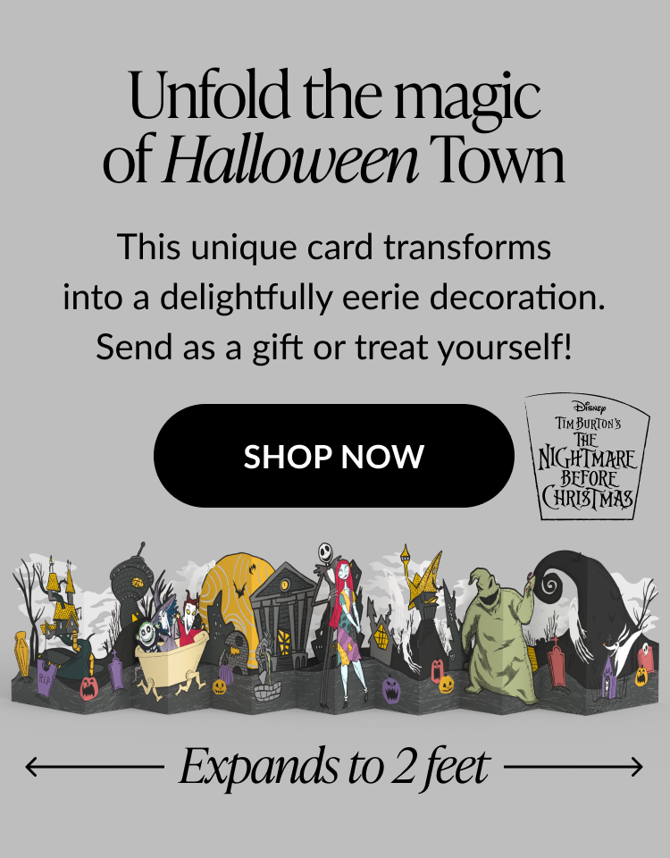 Nightmare Before Christmas Halloween Town pop-up card expands to 2 feet with characters and buildings, Shop Now button