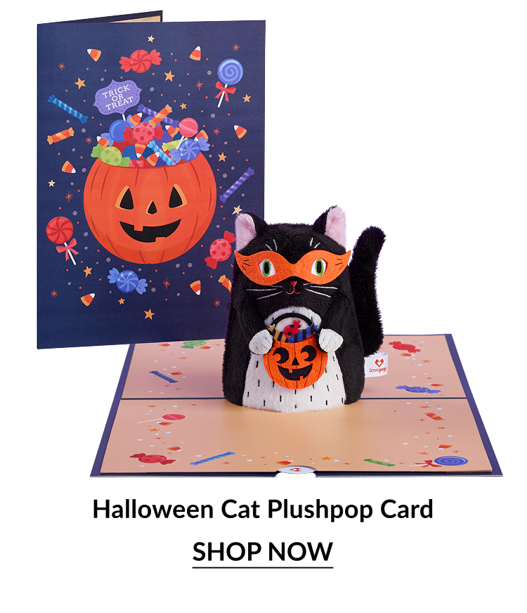 Halloween Cat Plushpop Card holding jack-o’-lantern candy bucket. Shop now.