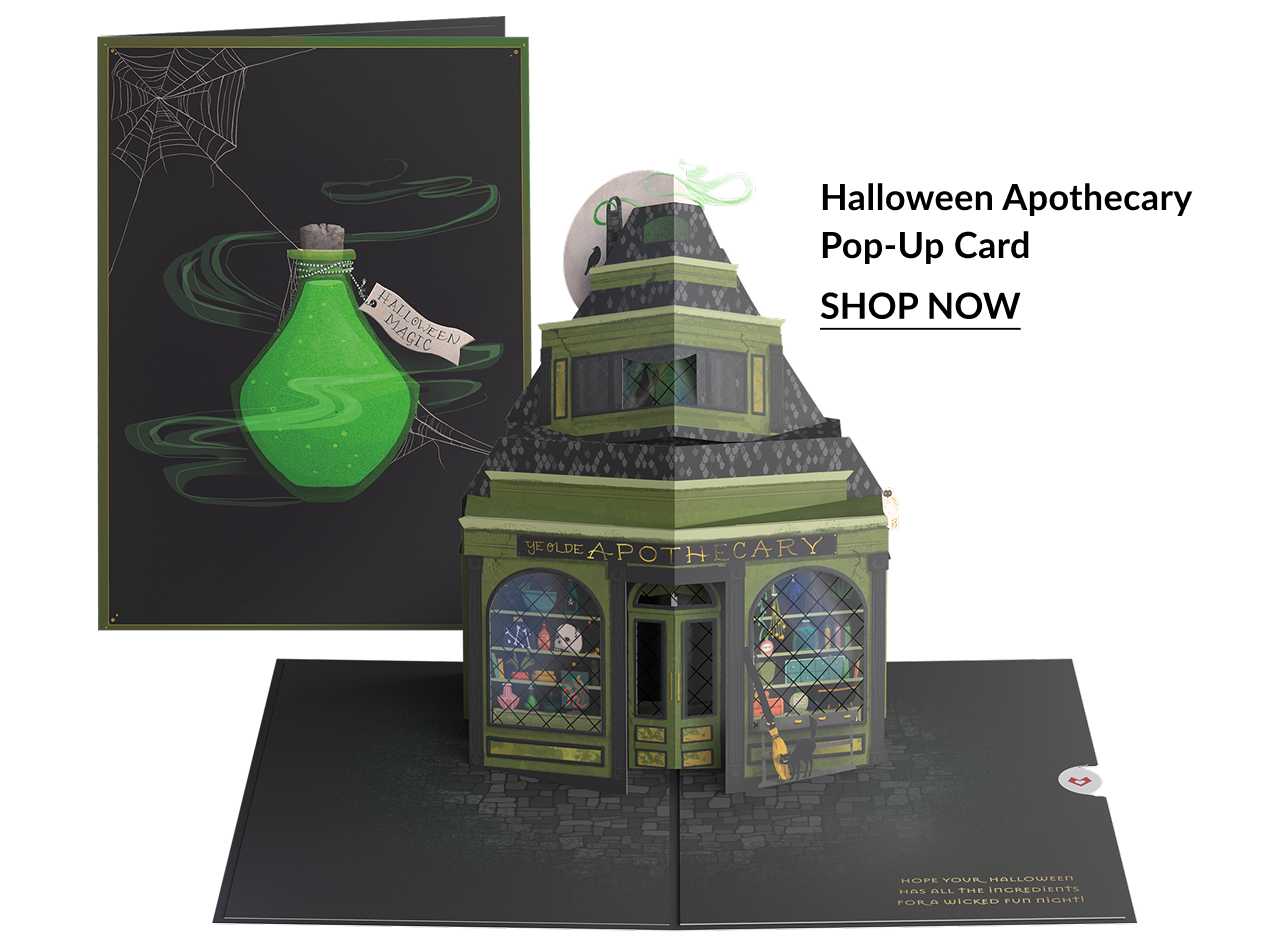 Halloween Apothecary Pop-Up Card with green potion shop. Shop now.