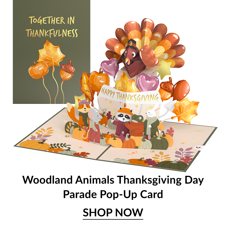 Woodland Animals Thanksgiving Day Parade Pop-Up Card with turkey, balloons, and animals in fall outfits. Shop now.