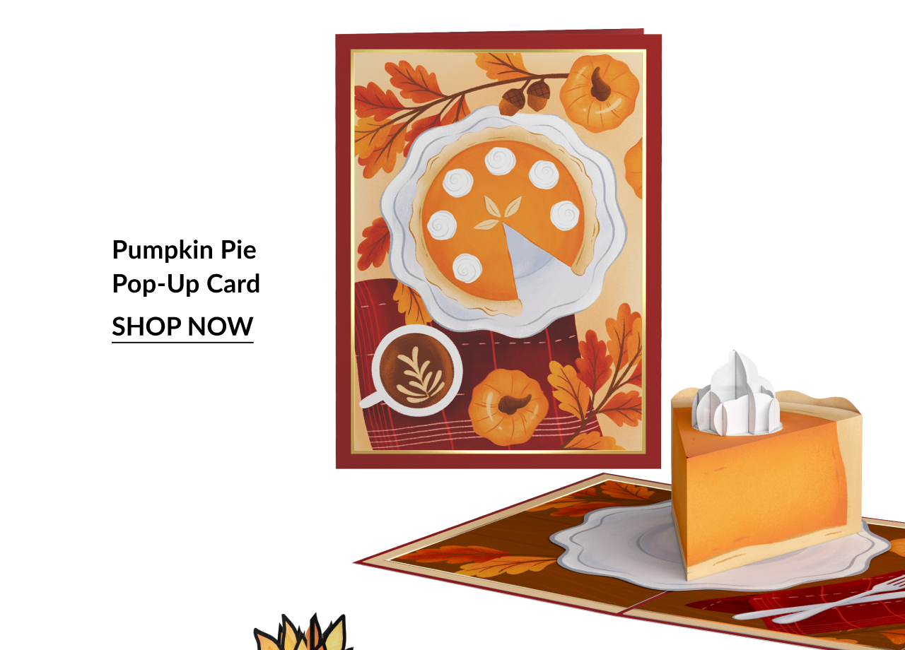 Pumpkin Pie Pop-Up Card with slice of pie topped with whipped cream. Shop now.