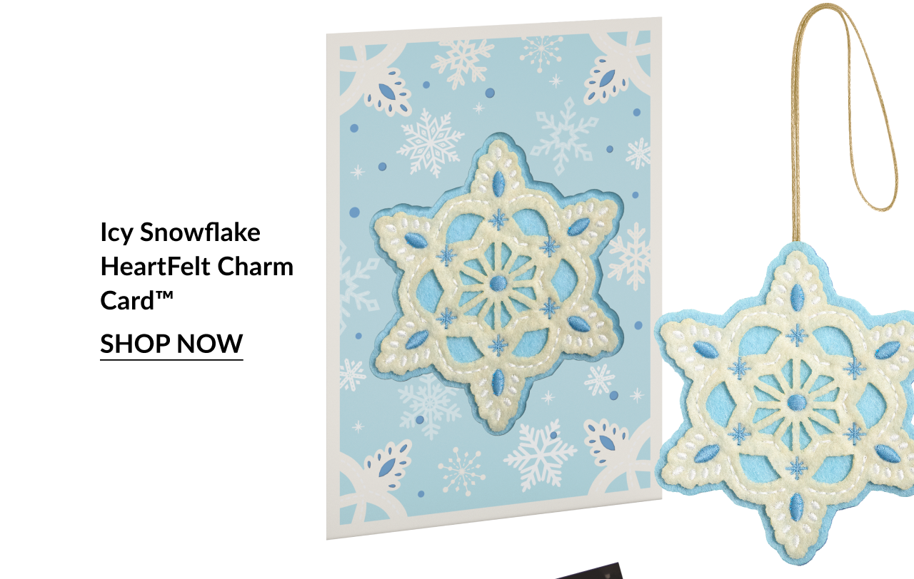 Icy Snowflake HeartFelt Charm Card with blue and white snowflake ornament. Shop now.