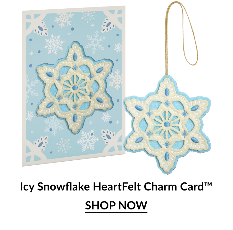 Icy Snowflake HeartFelt Charm Card with blue and white snowflake ornament. Shop now.