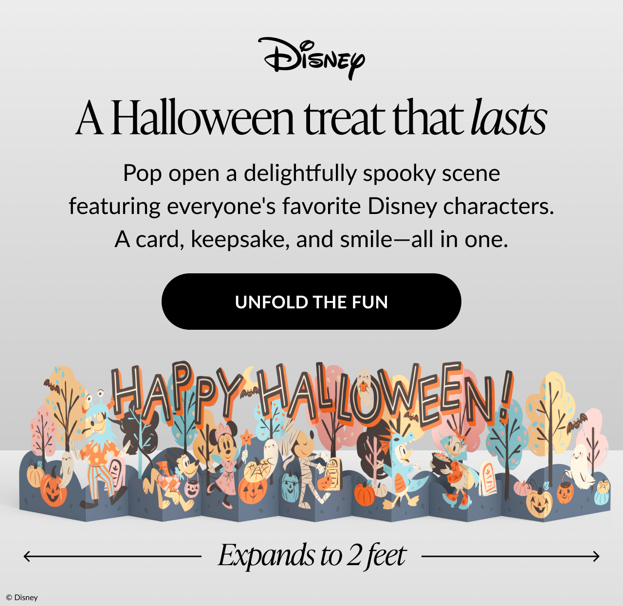 Disney Halloween pop-up scene with characters and Happy Halloween message. Unfold the fun button.