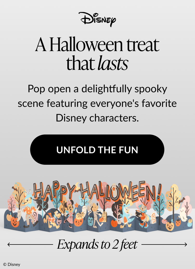Disney Halloween pop-up scene with characters and Happy Halloween message. Unfold the fun button.