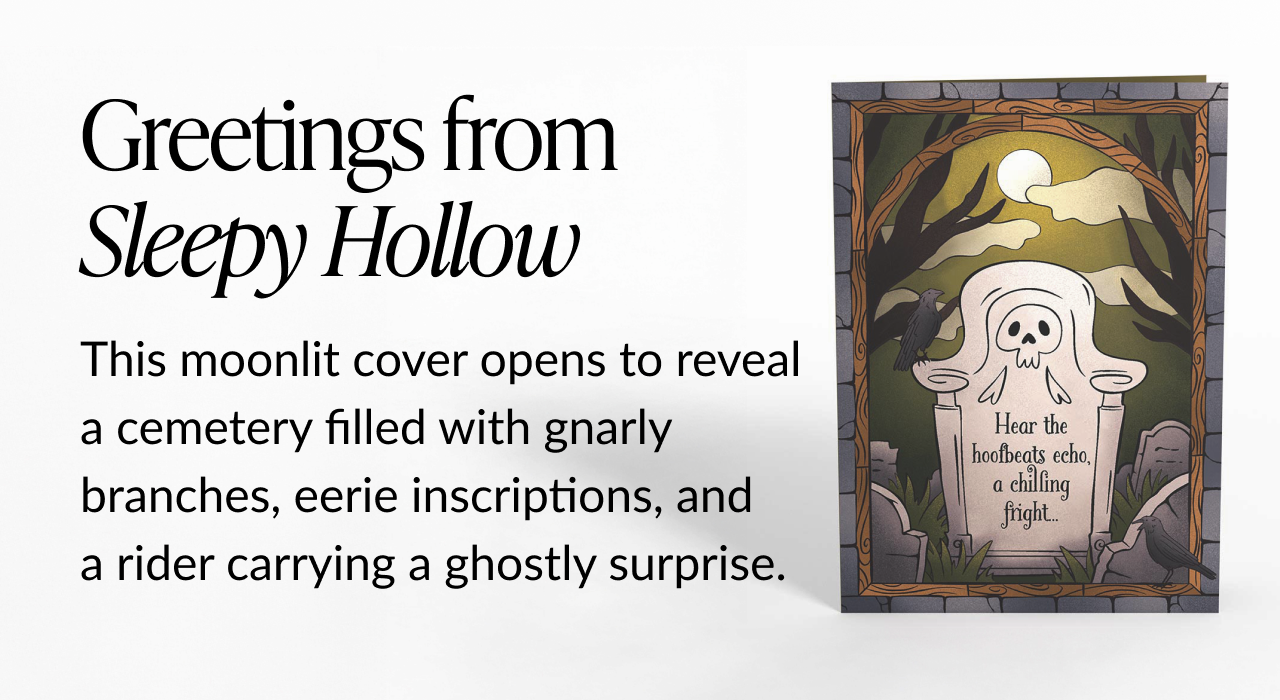 Sleepy Hollow card front with tombstones ravens and full moon Text says Hear the hoofbeats echo a chilling fright and Greetings from Sleepy Hollow