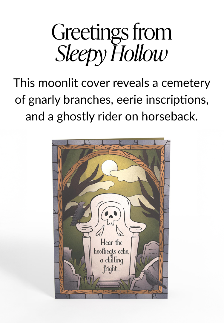 Sleepy Hollow card front with tombstones ravens and full moon Text says Hear the hoofbeats echo a chilling fright and Greetings from Sleepy Hollow