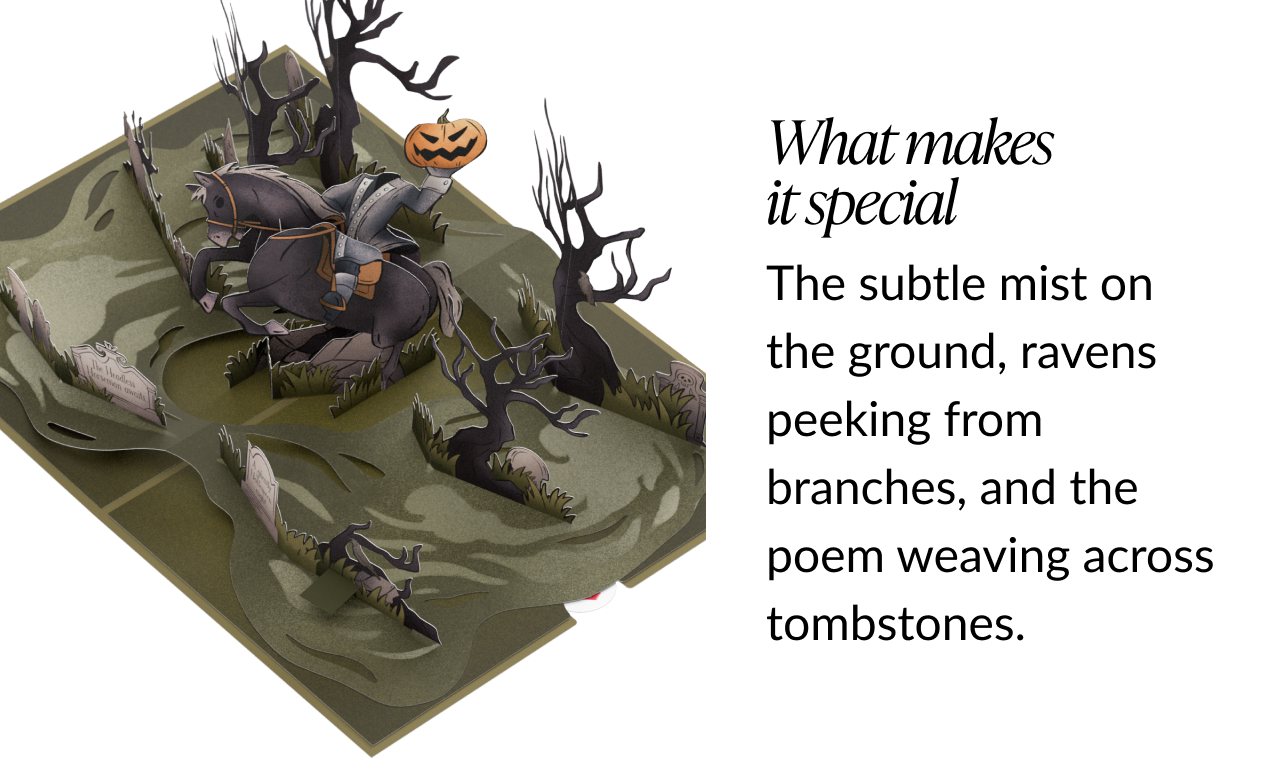3D pop-up of the Headless Horseman holding a pumpkin head among trees and gravestones Text says What makes it special with mist ravens and a poem on tombstones
