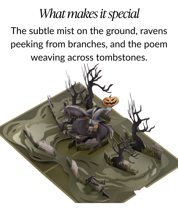 3D pop-up of the Headless Horseman holding a pumpkin head among trees and gravestones Text says What makes it special with mist ravens and a poem on tombstones