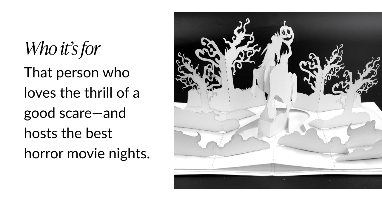 White paper prototype of the Headless Horseman pop-up Text says Who it’s for perfect for someone who loves a good scare and horror movie nights