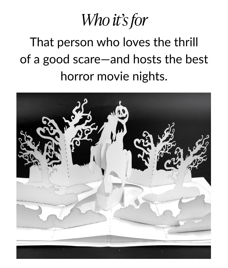 White paper prototype of the Headless Horseman pop-up Text says Who it’s for perfect for someone who loves a good scare and horror movie nights