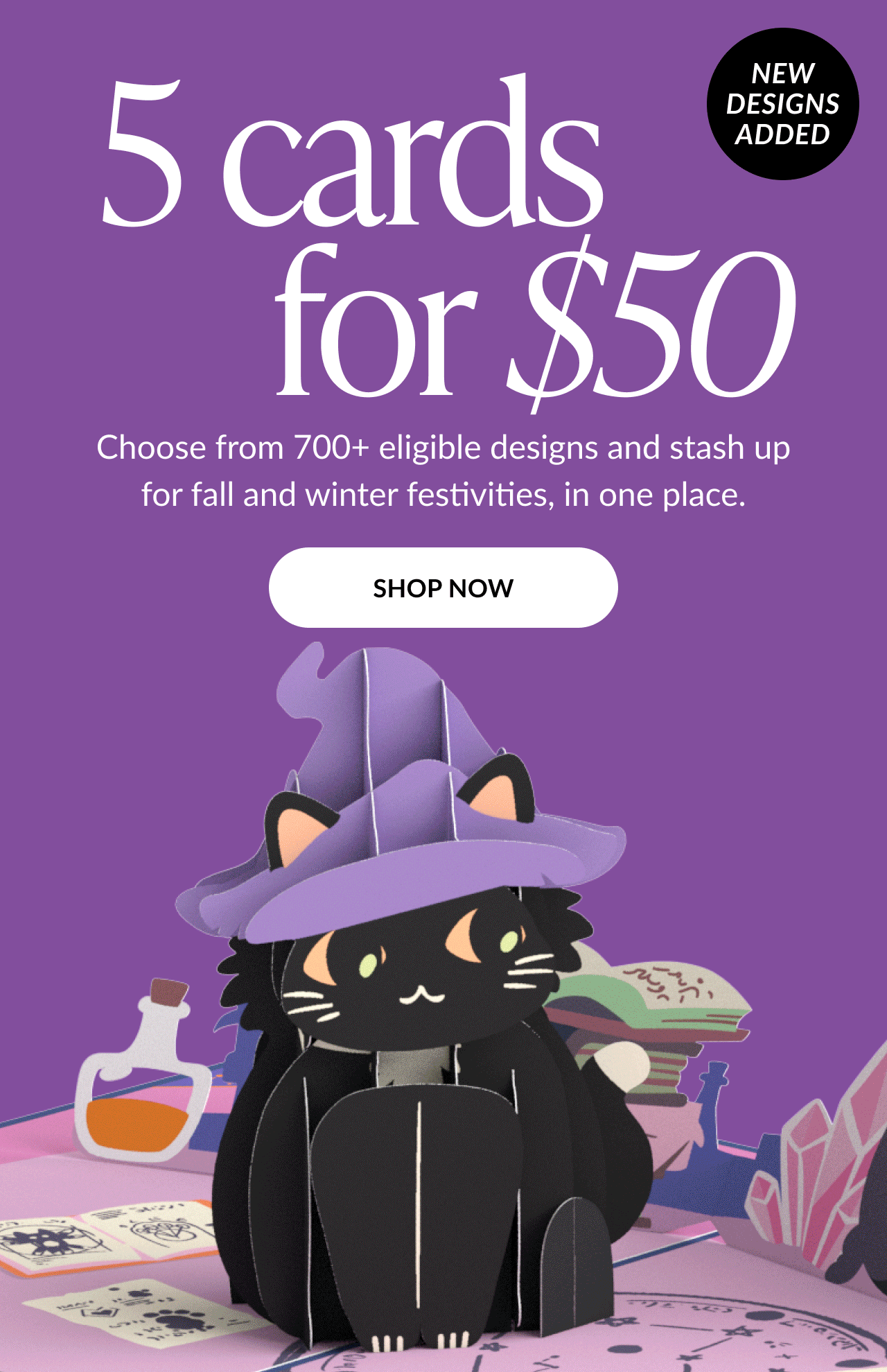 5 cards for $50 promotion with witch cat pop-up card and Shop Now button