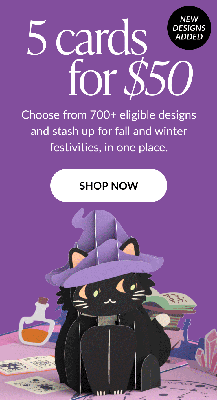 5 cards for $50 promotion with witch cat pop-up card and Shop Now button