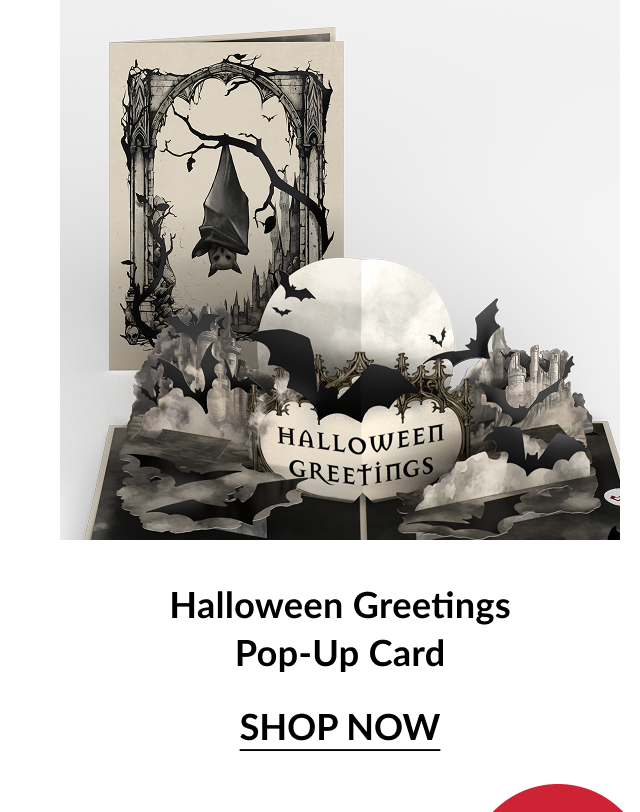 Halloween Greetings Pop-Up Card with hanging bat and gothic design