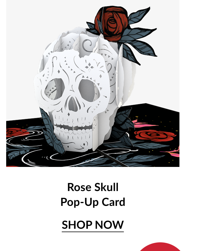 Rose Skull Pop-Up Card with white skull and red roses