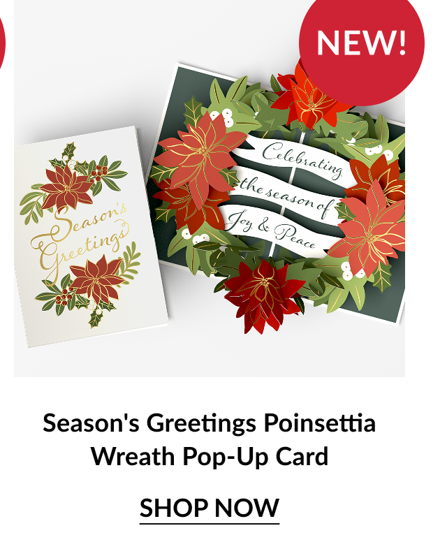 Season’s Greetings Poinsettia Wreath Pop-Up Card with red poinsettias and festive banner