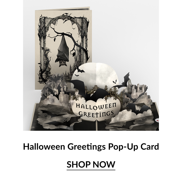Halloween Greetings Pop-Up Card with hanging bat and gothic design