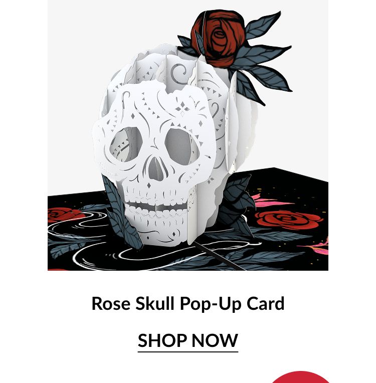 Rose Skull Pop-Up Card with white skull and red roses