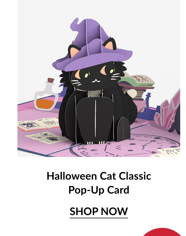 Halloween Cat Classic Pop-Up Card with black cat in purple witch hat on magic desk