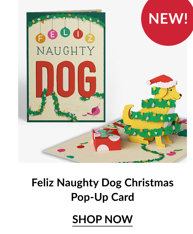 Feliz Naughty Dog Christmas Pop-Up Card with yellow dog wrapped in lights and Santa hat