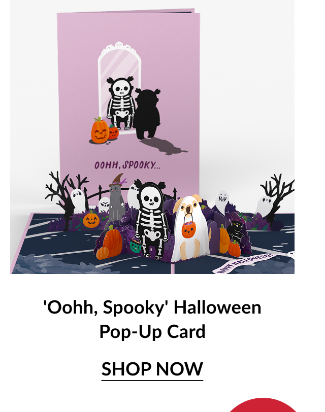 'Oooh, Spooky' Halloween Pop-Up Card with skeleton costume child, pumpkins, and ghosts