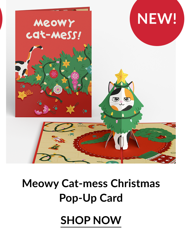 Meowy Cat-mess Christmas Pop-Up Card with cat dressed as Christmas tree and red background