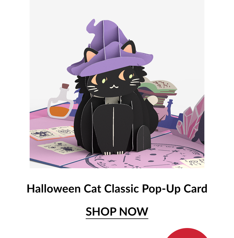 Halloween Cat Classic Pop-Up Card with black cat in purple witch hat on magic desk