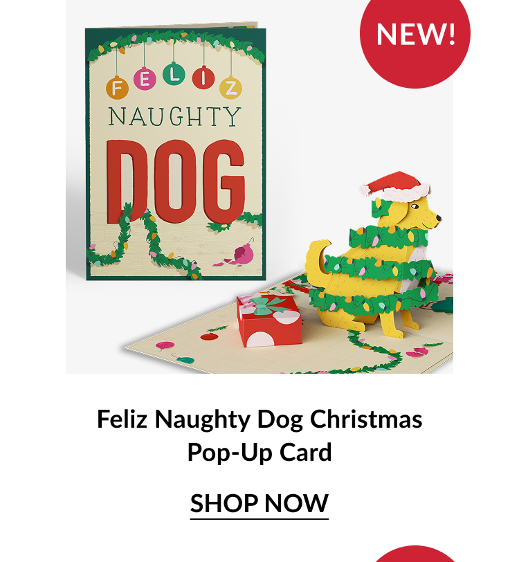 Feliz Naughty Dog Christmas Pop-Up Card with yellow dog wrapped in lights and Santa hat